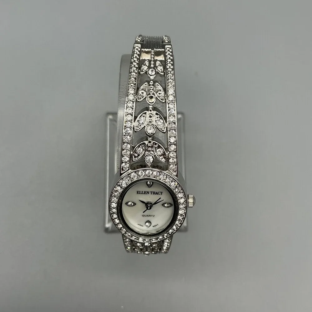 Ellen Tracy ETS048 Womens Watch 21mm MOP Dial Silver Tone Crystals New Battery